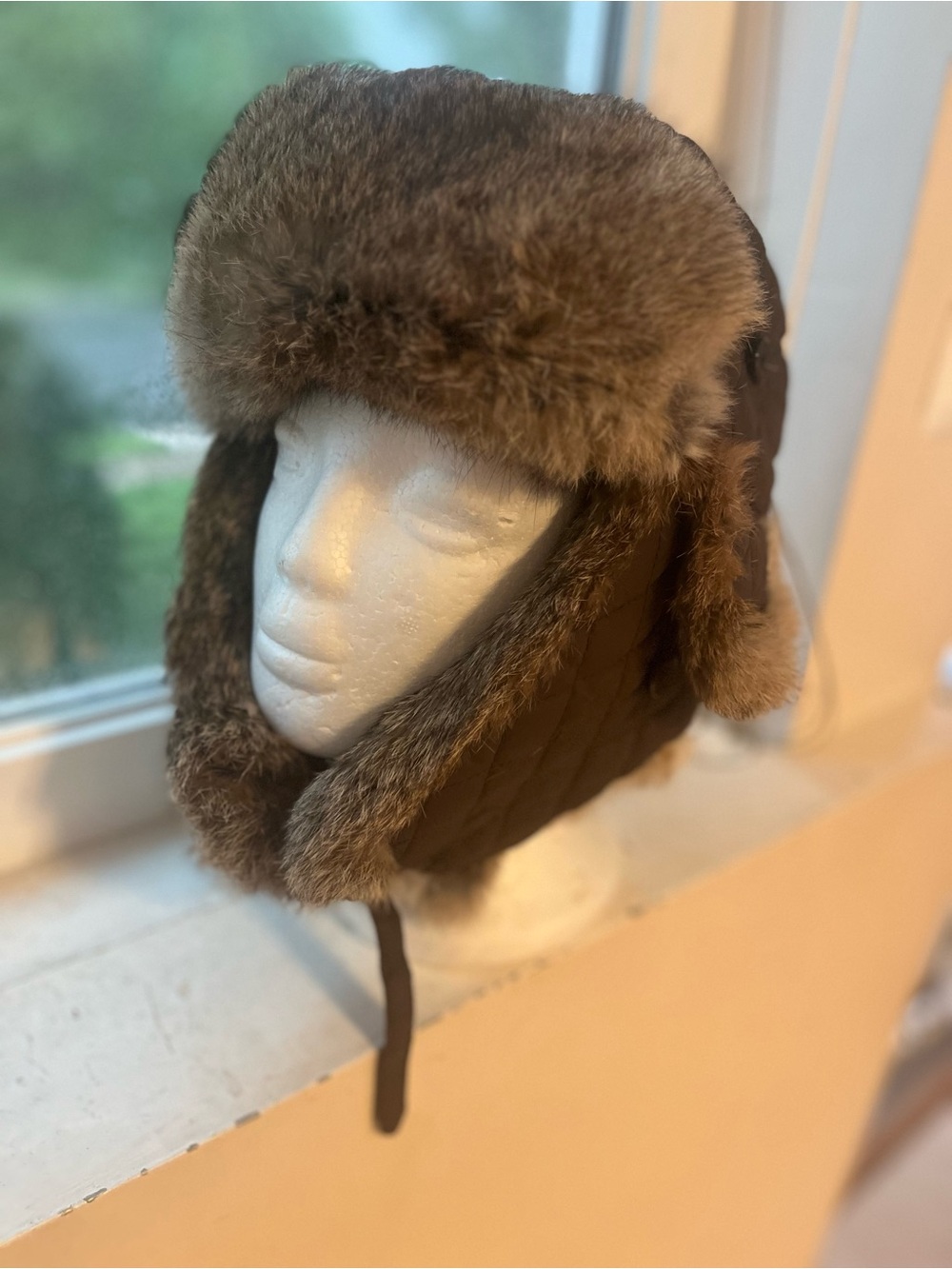 Aqua Brown rabbit Fur Trapper Hat with Earflaps